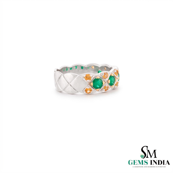 Round Natural Emerald and Citrine Ring - Elegant Gemstone Eternity Band