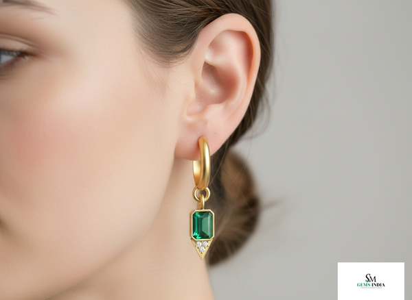 Emerald cut Natural Emerald Green Stone Dangle Earrings Diamond Accent Dangles