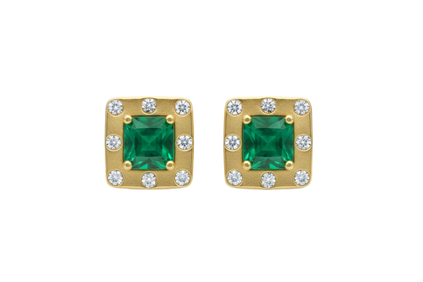Octagon Natural Emerald & Diamond Halo Stud Earrings in 14k gold