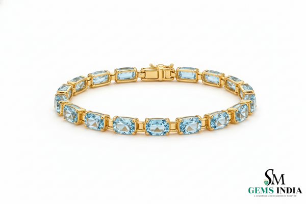 Oval Shape Aquamarine Tennis Bracelet in 14k and 18k Gold - Luxury Fine Jewelry