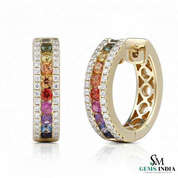 Rainbow Gemstone Huggie Earrings Colorful Round Gemstone Earrings