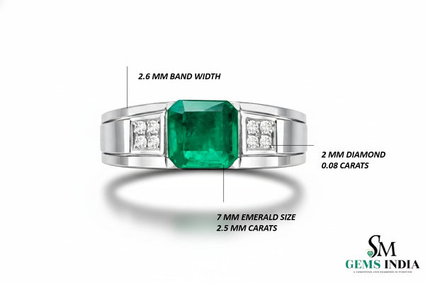 Men's Emerald and Diamond Wedding Band Ring, 18k Gold, May Birthstone