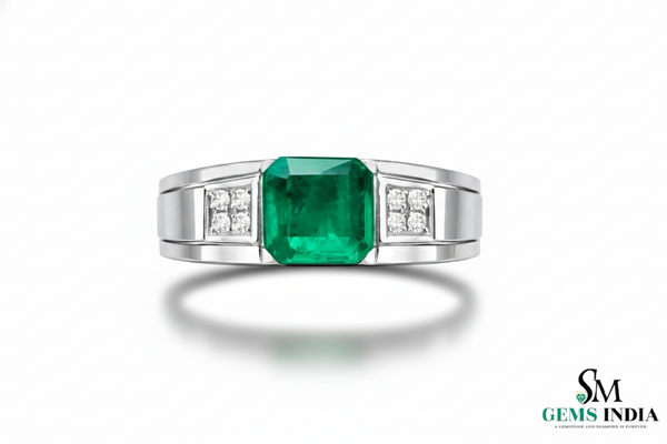 Men's Emerald and Diamond Wedding Band Ring, 18k Gold, May Birthstone