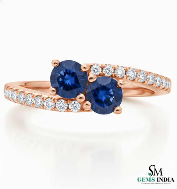 Round Cut Blue Sapphire & Diamond Two Stone Ring - Toi et moi Ring