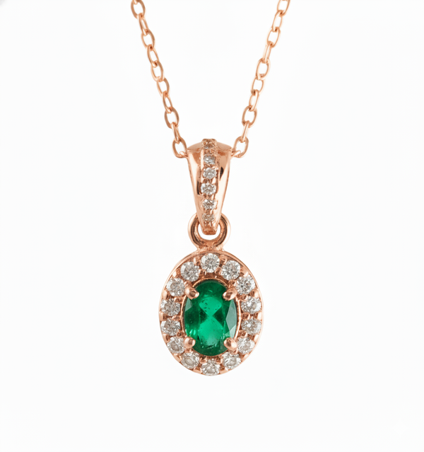 1.02 carat Oval shape Natural Green Emerald Halo Diamond Pendant Necklace in 14K Gold