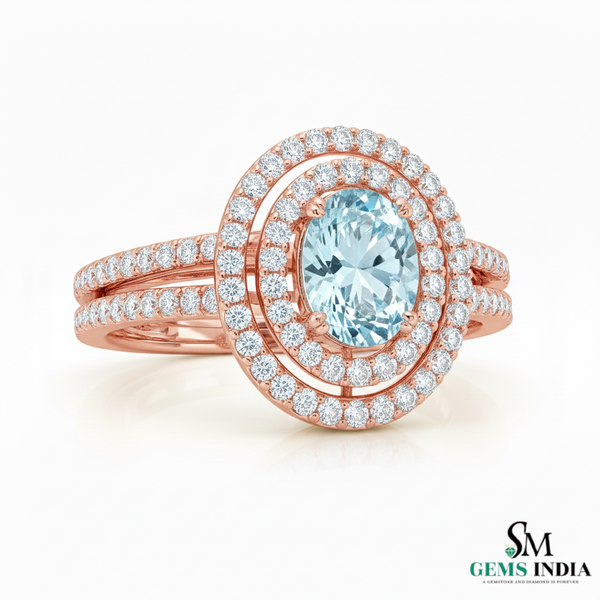 Oval Cut Aquamarine Diamond Ring with Split Shank - Promise Ring