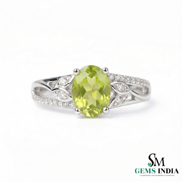 Oval Peridot Ring with Diamond Leaf Accents - Promise ring