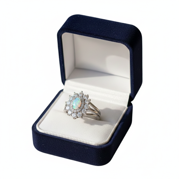 Oval Opal Diamond Cluster Ring in 14K and 18k Gold Luxury Halo Ring