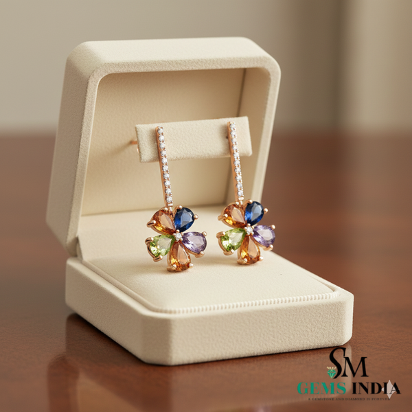 Rainbow Flower Drop Earrings Pear cut Multicolor Gemstone Dangle in 18k gold