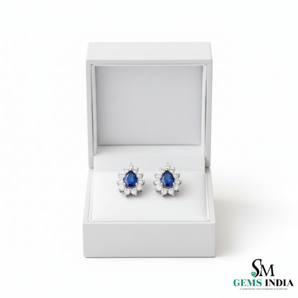 Royal Pear Blue Sapphire & Diamond Stud Earrings - Bridal Sapphire Earrings