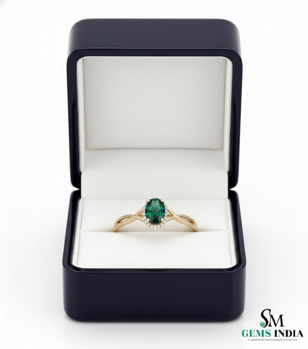 Oval Cut Emerald Ring with Diamond Halo & Split Shank Band