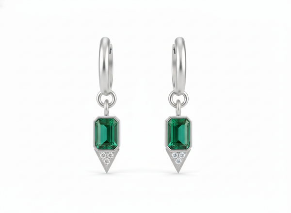 Emerald cut Natural Emerald Green Stone Dangle Earrings Diamond Accent Dangles