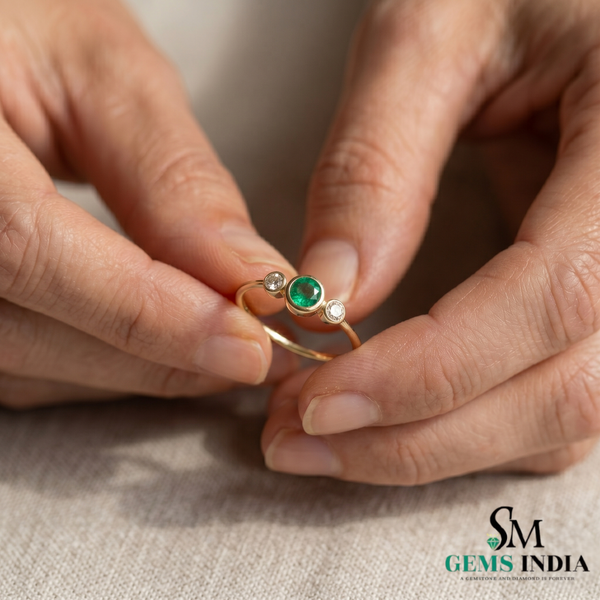 Minimalist Emerald & Diamond Trio Ring in 14K Gold - Gift For Her