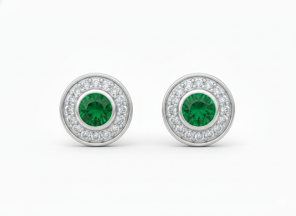 Round Natural Emerald & Diamond Halo Stud Earrings Fine White Gold Jewelry