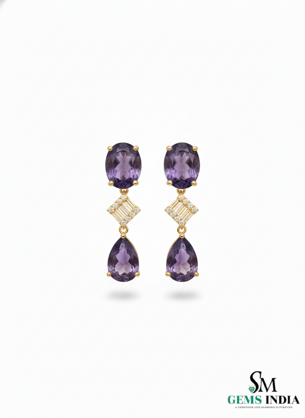 Elegant Oval and Pear Amethyst Drop Earrings with Baguette Diamond Accents