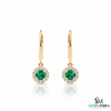 Round Emerald Halo Diamond Drop Leverback Earrings - Fine Gemstone Jewelry