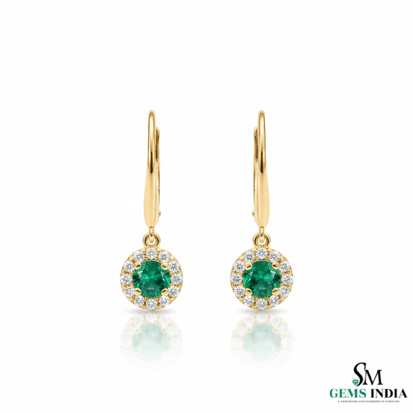 Round Emerald Halo Diamond Drop Leverback Earrings - Fine Gemstone Jewelry
