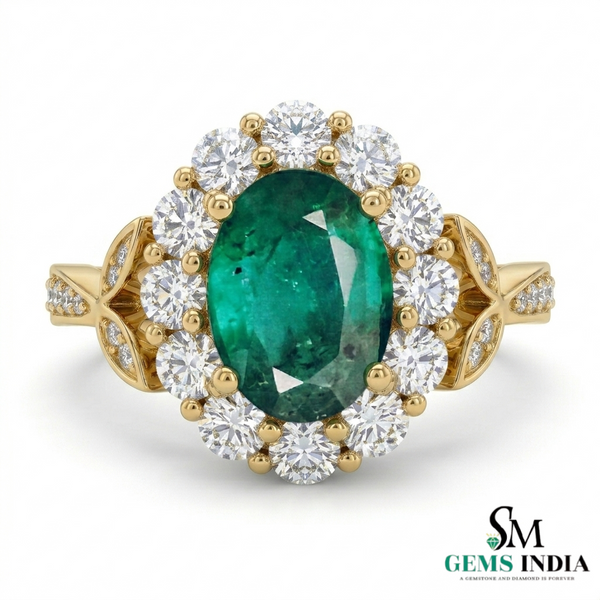 2.50 carat Oval Cut Emerald and Diamond Halo Ring in 14K Gold Vintage Engagement Ring