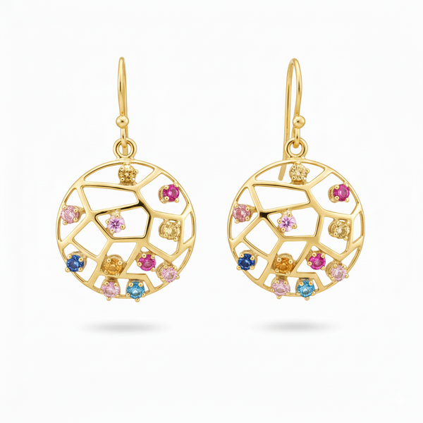 Circle Shape Multicolor Stone Drop Earrings Artistic Openwork Design