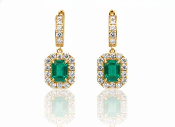 8 carat Vintage Style Natural Emerald-Cut Emerald Earrings with Diamond Halo Drop Earrings in 14K White Gold