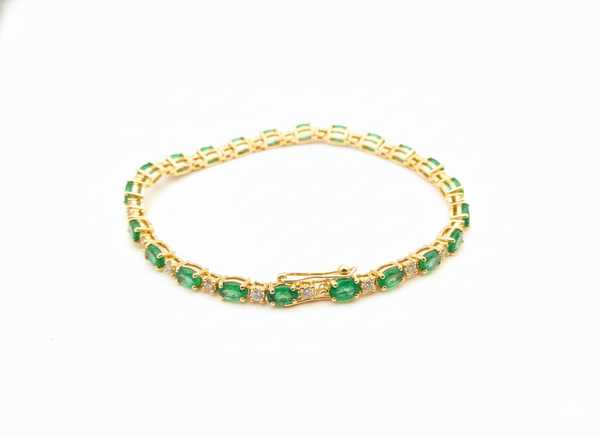 Oval Natural Emerald and Diamond Link Bracelet 14k Gold May Birthstone