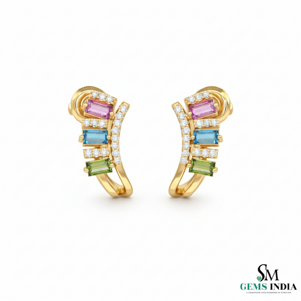 Multicolor Baguette Sapphire & Diamond Hoop Earrings