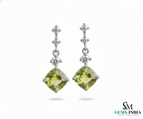 Cushion Cut Natural Peridot Diamond Dangle Earrings
