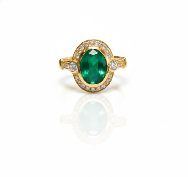 2.10 carat Elegant Oval Cut Natural Emerald Promise Ring with Sparkling Diamonds Accent and Split Band Design