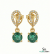 1.60 carat 14K Gold Round Natural Emerald and Diamond Teardrop Dangle Earrings
