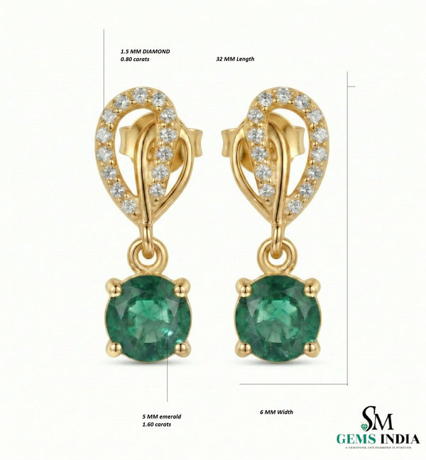 1.60 carat 14K Gold Round Natural Emerald and Diamond Teardrop Dangle Earrings