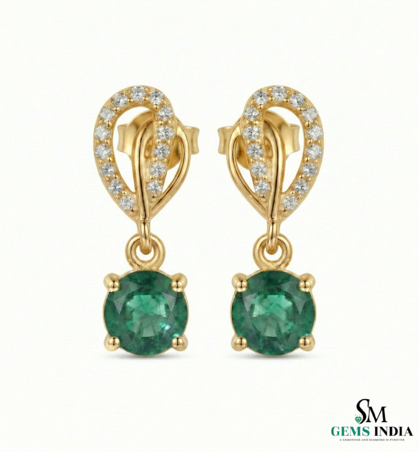 1.60 carat 14K Gold Round Natural Emerald and Diamond Teardrop Dangle Earrings