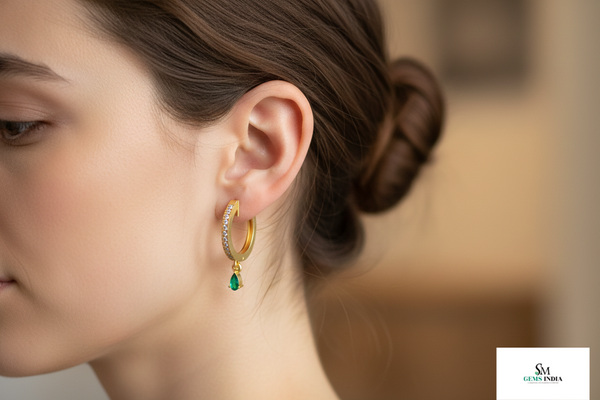 Luxury Gold Hoop Earrings with Pear shape Natural Emerald Dainty Diamond Drop Style