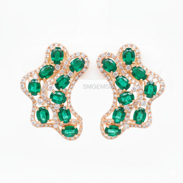 Natural Emerald Cluster Statement Earring studs in 14k and 18k Gold with Diamond Accents