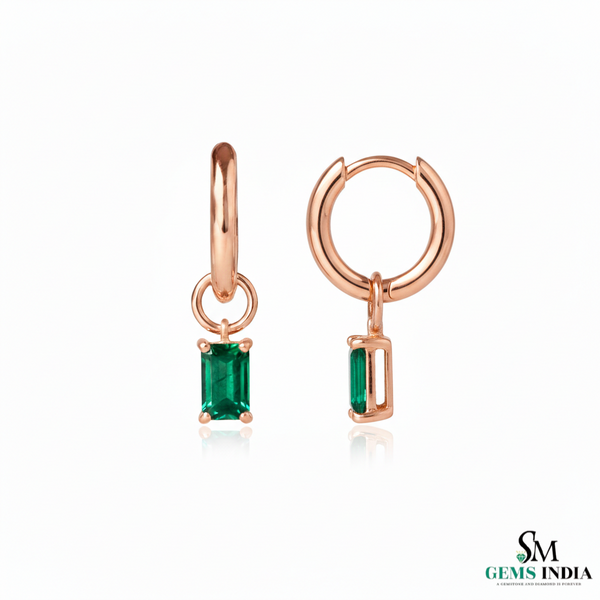 Emerald Cut Emerald Drop Hoop Earrings in Gold – Dainty Emerald Huggie Earrings