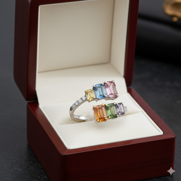 Doppelter Smaragd-Ring in offenem Design aus 14 Karat Gold – Band mit quadratisch und rund geschliffenen grünen Edelsteinen