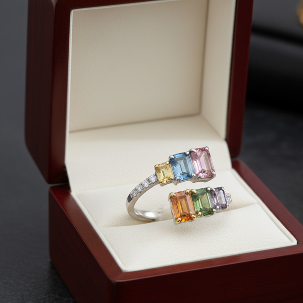 Emerald Cut Rainbow Multi sapphires and diamond Bypass Ring Unique 18k Gold Open Bypass Band