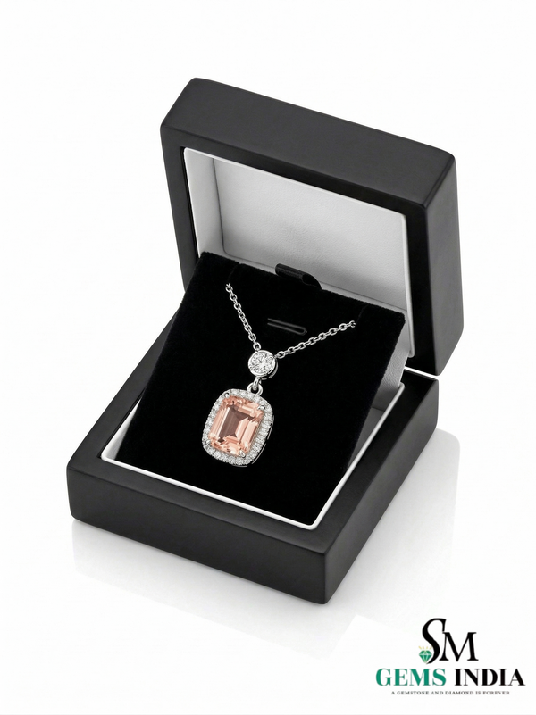 Luxury Emerald Cut Morganite & Diamond Halo Pendant Necklace