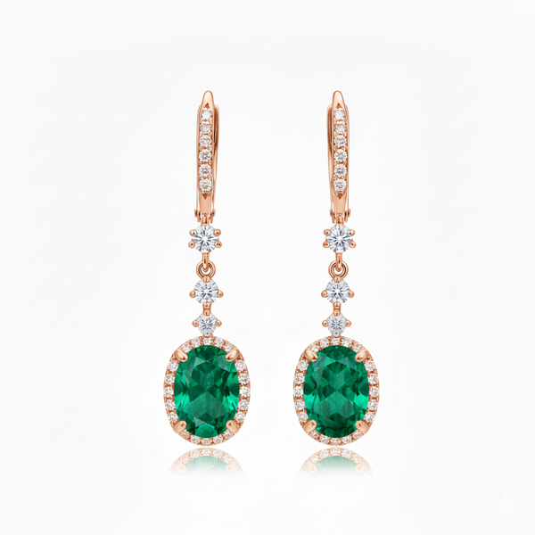 Gold Drop Earrings with Oval Natural Emerald and Diamond Accents Fine Gold Jewelry