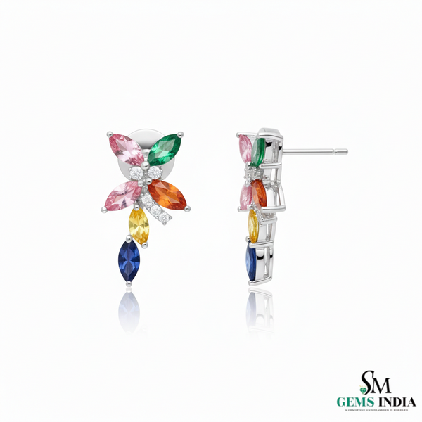 Multicolor Marquise Gemstone Floral Drop Earrings - Butterfly Flower Dangle Earrings