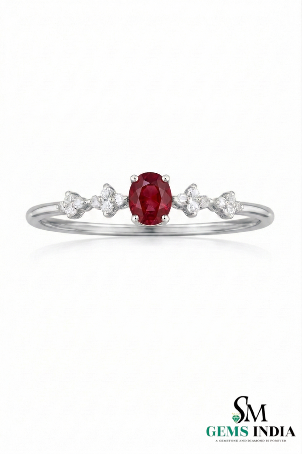 Oval Ruby Ring with Diamond Flower Accents Delicate July Birthstone Ring