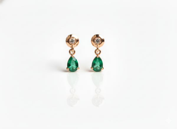 1.90 carat Pear Shape Natural Emerald and Diamond 14k Gold Stud Earrings