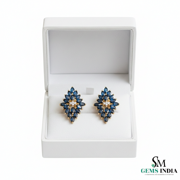 Marquise Cut Blue Sapphire & Diamond Cluster Stud Earrings - Luxury Sapphire Earrings