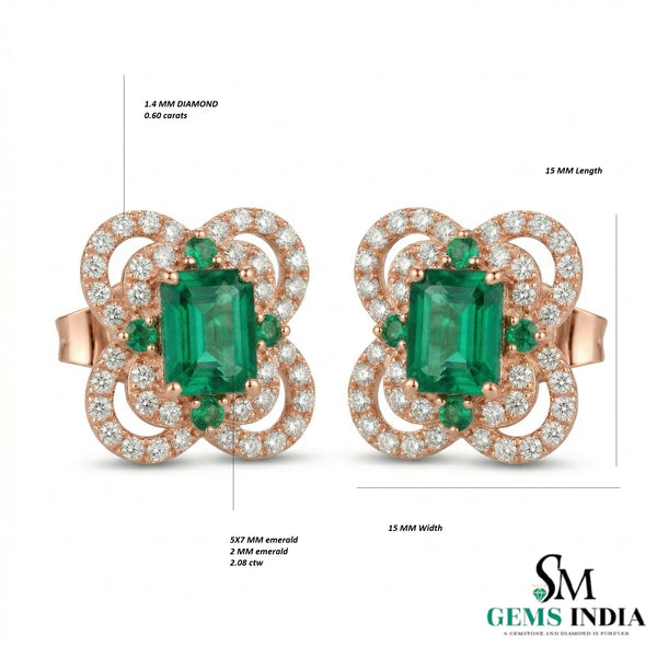 Designer Emerald cut Emerald and Round Emerald& Diamond Statement Stud Earrings