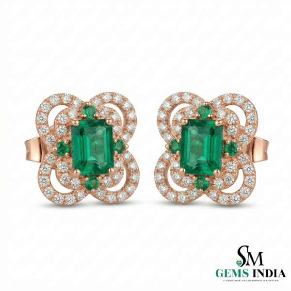 Designer Emerald cut Emerald and Round Emerald& Diamond Statement Stud Earrings