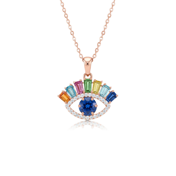 Rainbow Evil Eye Pendant Multicolor Baguette Gemstones in Gold