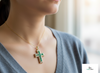 2.65 carat Square Shape Natural Emerald and Diamond Cross Pendant Necklace in 14K Gold
