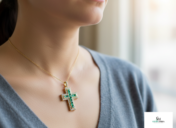 2.65 carat Square Shape Natural Emerald and Diamond Cross Pendant Necklace in 14K Gold
