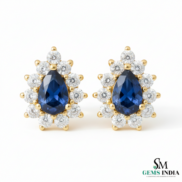 Royal Pear Blue Sapphire & Diamond Stud Earrings - Bridal Sapphire Earrings