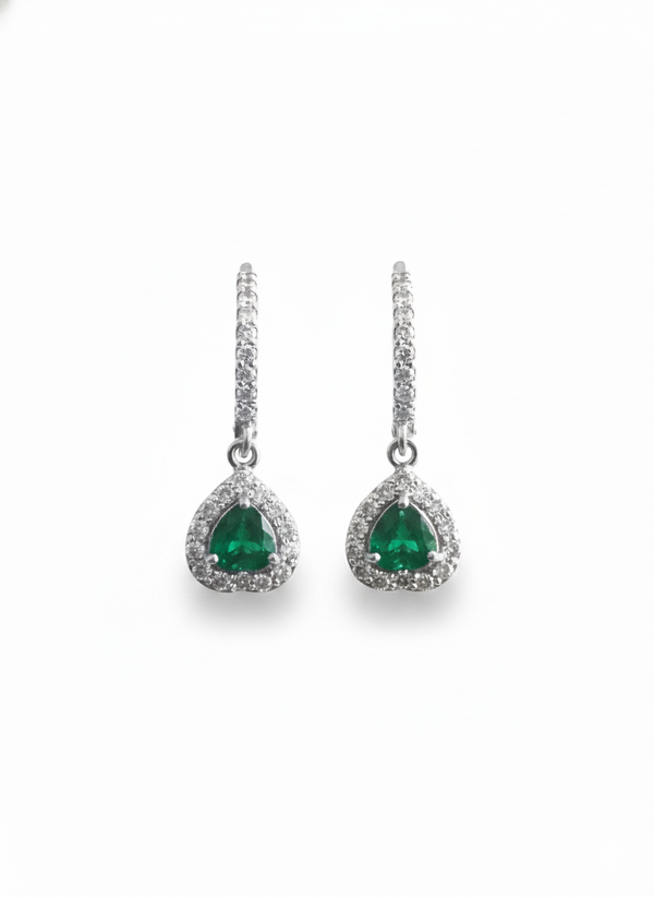 Heart shape Natural Emerald Halo Drop Earrings in 14k Gold Fine Diamond Dangles