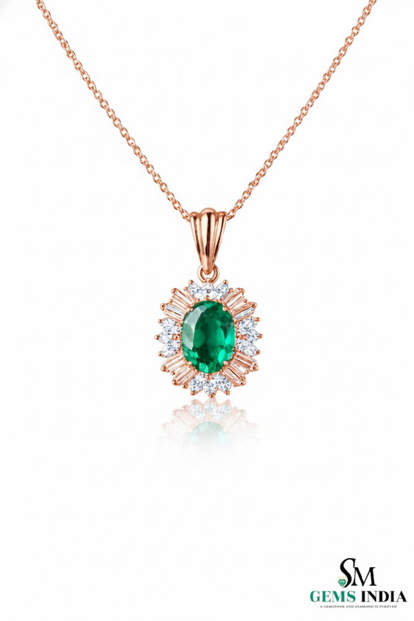 Oval Emerald & Diamond Halo Pendant - Vintage Sunburst Emerald Pendant